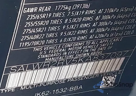 2019 Land Rover Range Rover Sport Hse из США, поврежденный, VIN SALWR2RV5KA837097